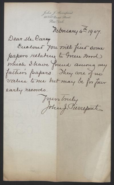 John J. Pierrepont to Samuel Carey